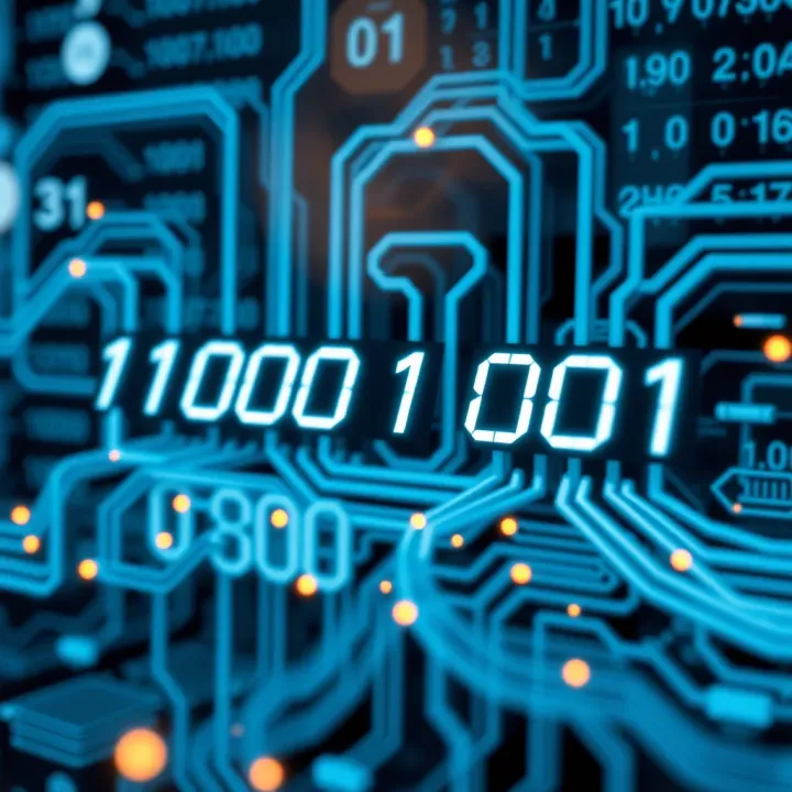 Diagram showing binary digits connected to digital circuits representing data processing