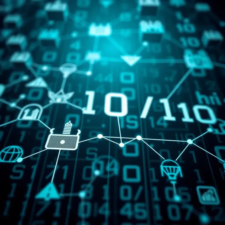 Conceptual graphic showing web technology icons interconnected by binary digits
