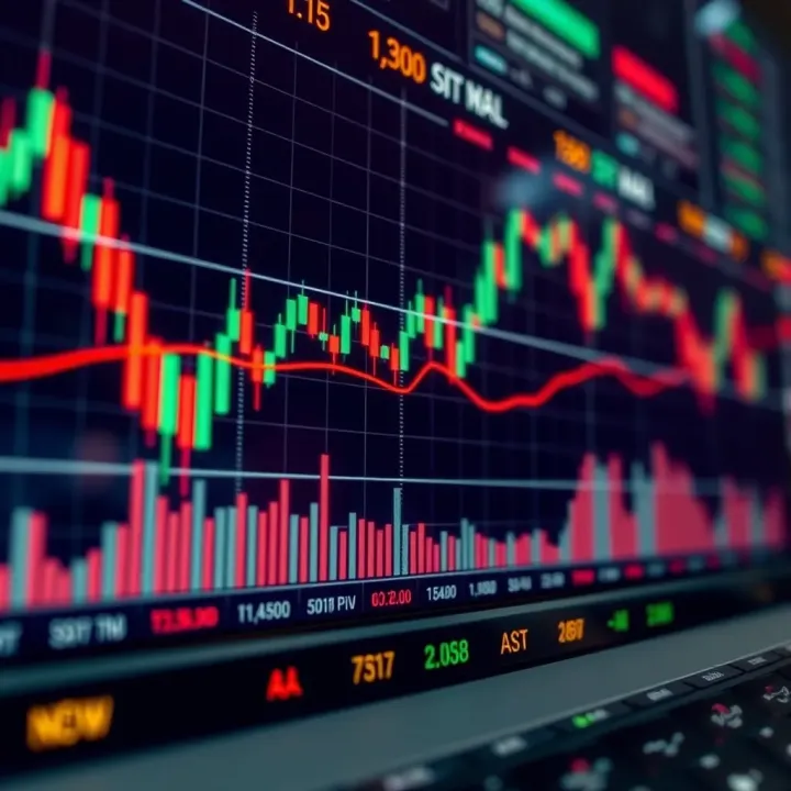 Graph showing upward and downward trends with currency symbols and trading signals