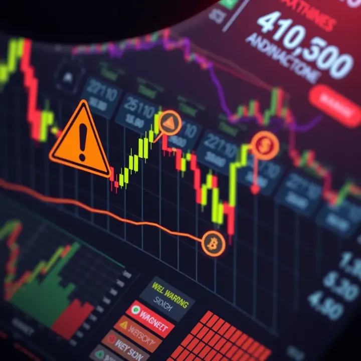 Graph showing fluctuating financial market trends with warning signs
