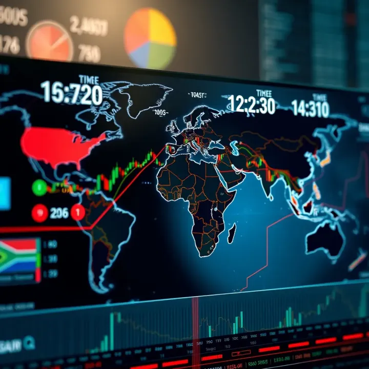 Global Forex Market Hours and Time Zones Affecting South African Traders World map highlighting forex market trading sessions and time zones relevant to South African traders