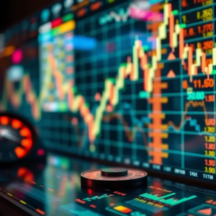 Abstract representation of automated forex trading with digital currency symbols and algorithmic graphs