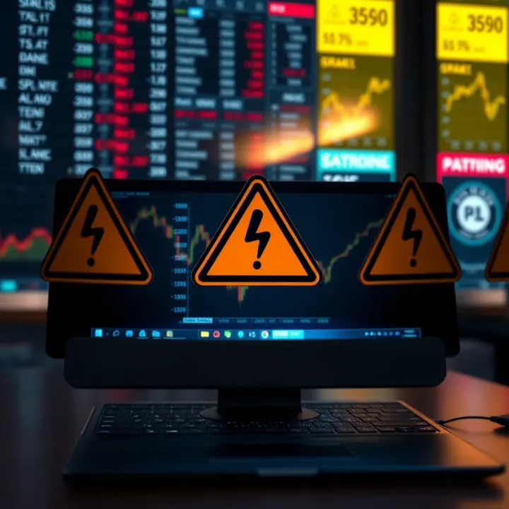 Digital representation of deceptive online forex platforms with warning symbols