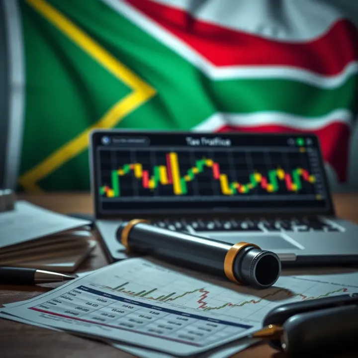 Forex Trading Profits and Tax Obligations in South Africa Financial documents and laptop displaying forex trading charts with South African flag in background