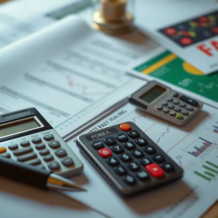 Organized financial documents and calculators representing forex tax record-keeping