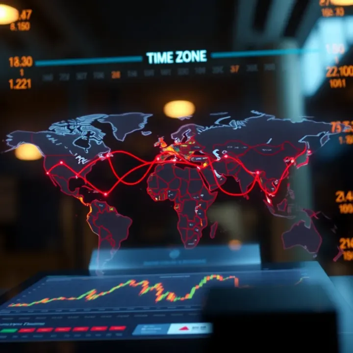 World map highlighting major forex trading sessions in different global time zones
