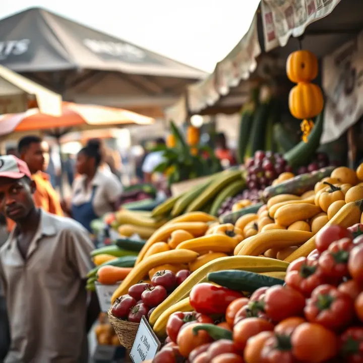 Fresh fruits and vegetables displayed at a bustling South African market in daylight