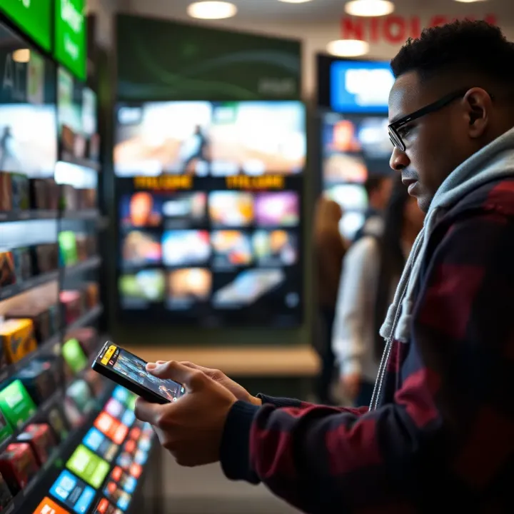 Customer browsing video games on a digital device representing online store shopping