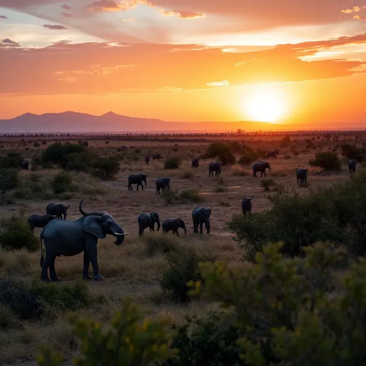Sunrise over a sprawling game reserve with diverse wildlife roaming freely
