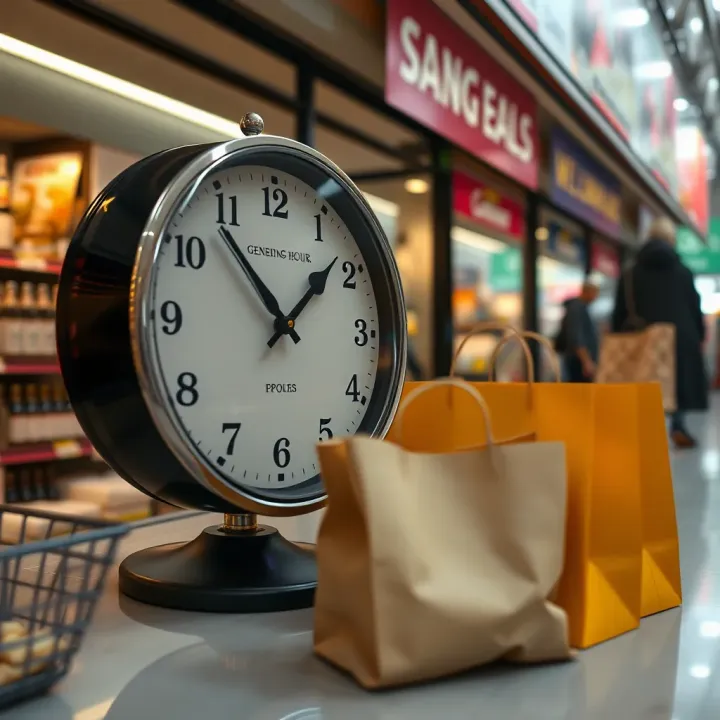 Clock illustrating typical opening and closing times with shopping bags nearby symbolizing planning visits