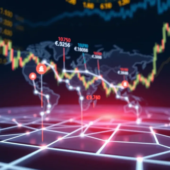 Global foreign exchange market with currency symbols connected by digital network lines