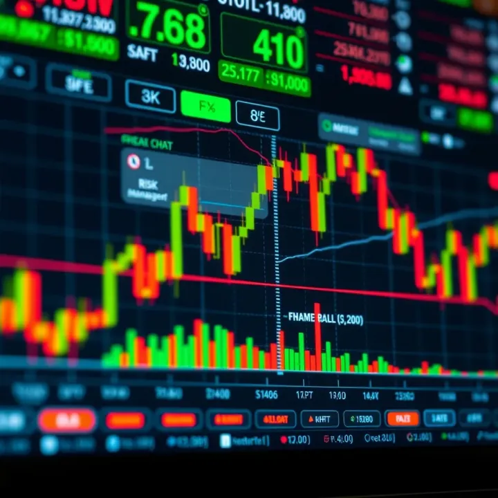 Chart displaying currency pairs fluctuations with risk management icons and trading tools