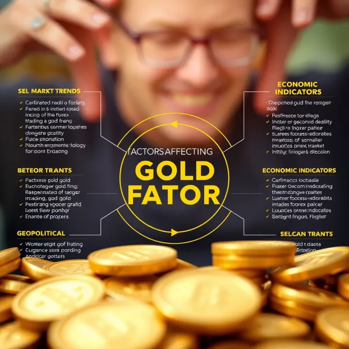 Diagram illustrating key factors influencing gold value in forex trading including market trends, economic indicators, and geopolitical events