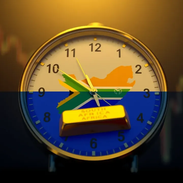 Clock showing South African time overlaying a gold bar symbolizing trading hours