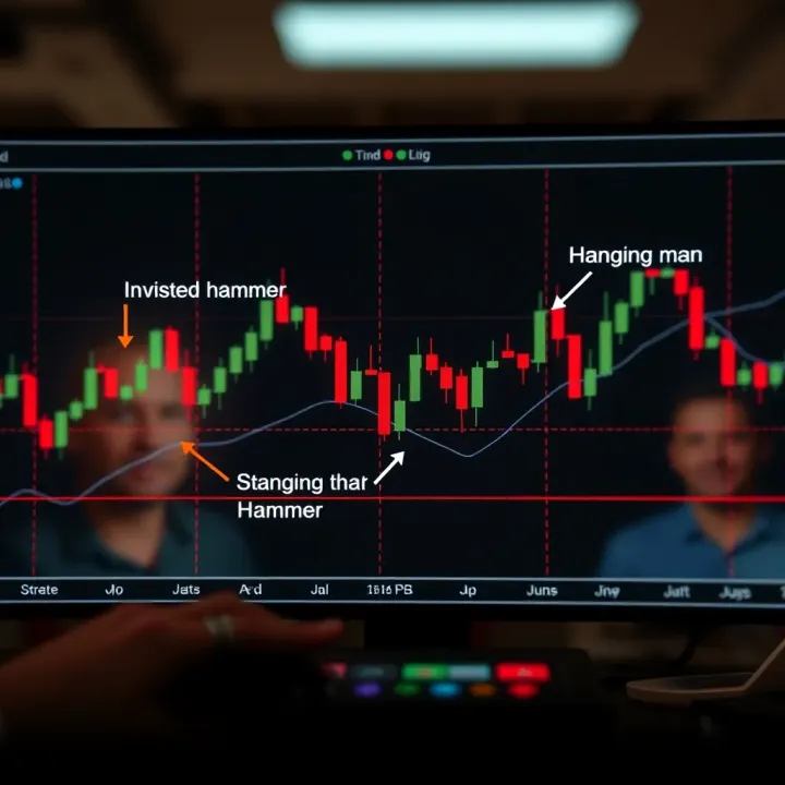 Chart showing variations of hammer candlestick patterns including inverted hammer and hanging man with annotations