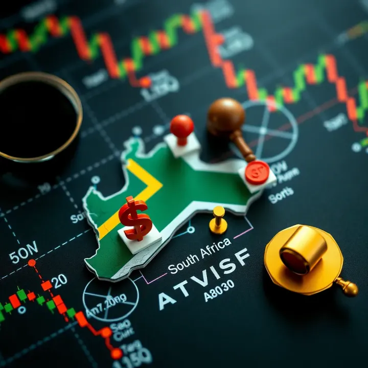 Map of South Africa with forex trading symbols and legal documents representing forex trading regulation