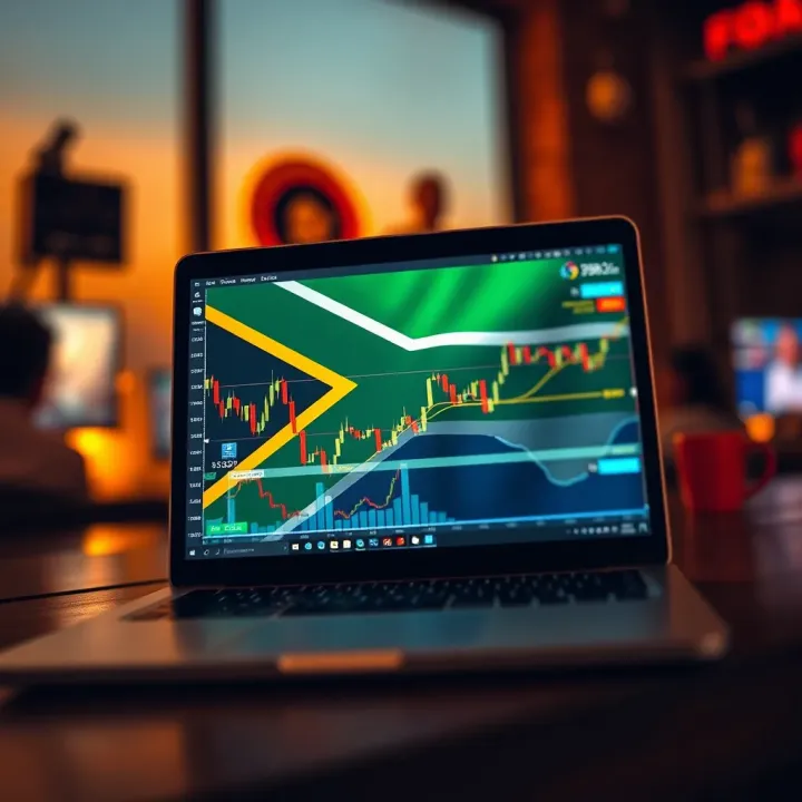 Online forex trading course displayed on laptop with South African flag on screen