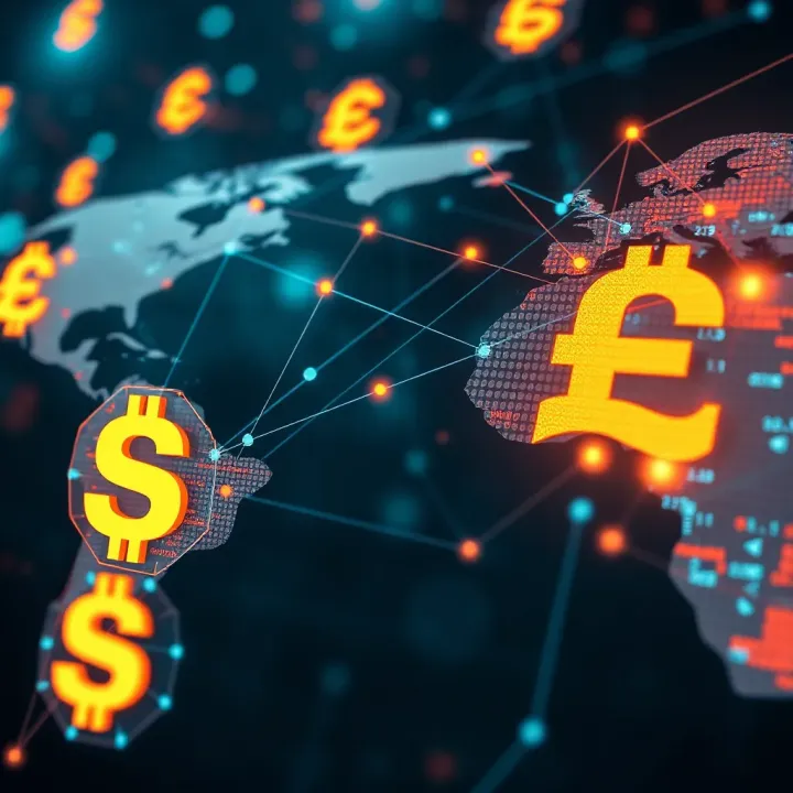 Digital representation of global currency symbols interconnected by futuristic data streams
