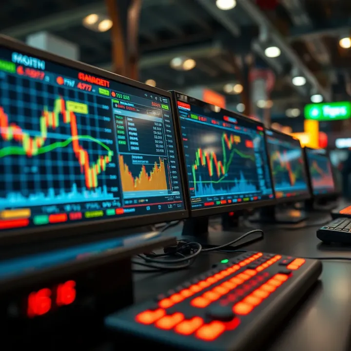 Abstract illustration of technological devices displaying financial charts and market trends