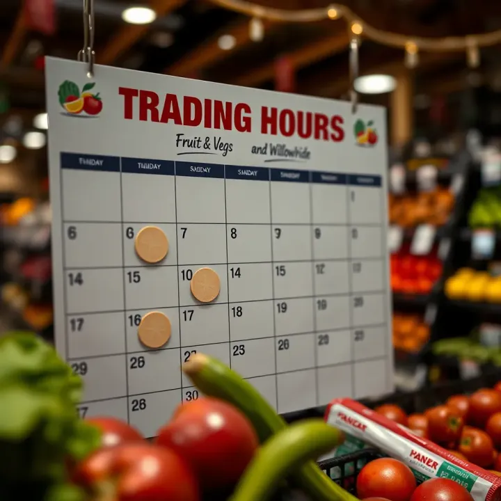 Trading Hours and Seasonal Produce at Willowbridge Calendar with marked dates indicating trading hours and seasonal produce availability