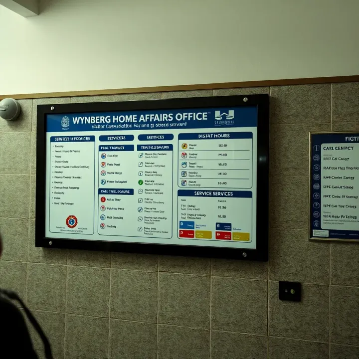Visitor Information Board at Wynberg Home Affairs Office Visitor consulting information board detailing services and trading hours at Wynberg Home Affairs